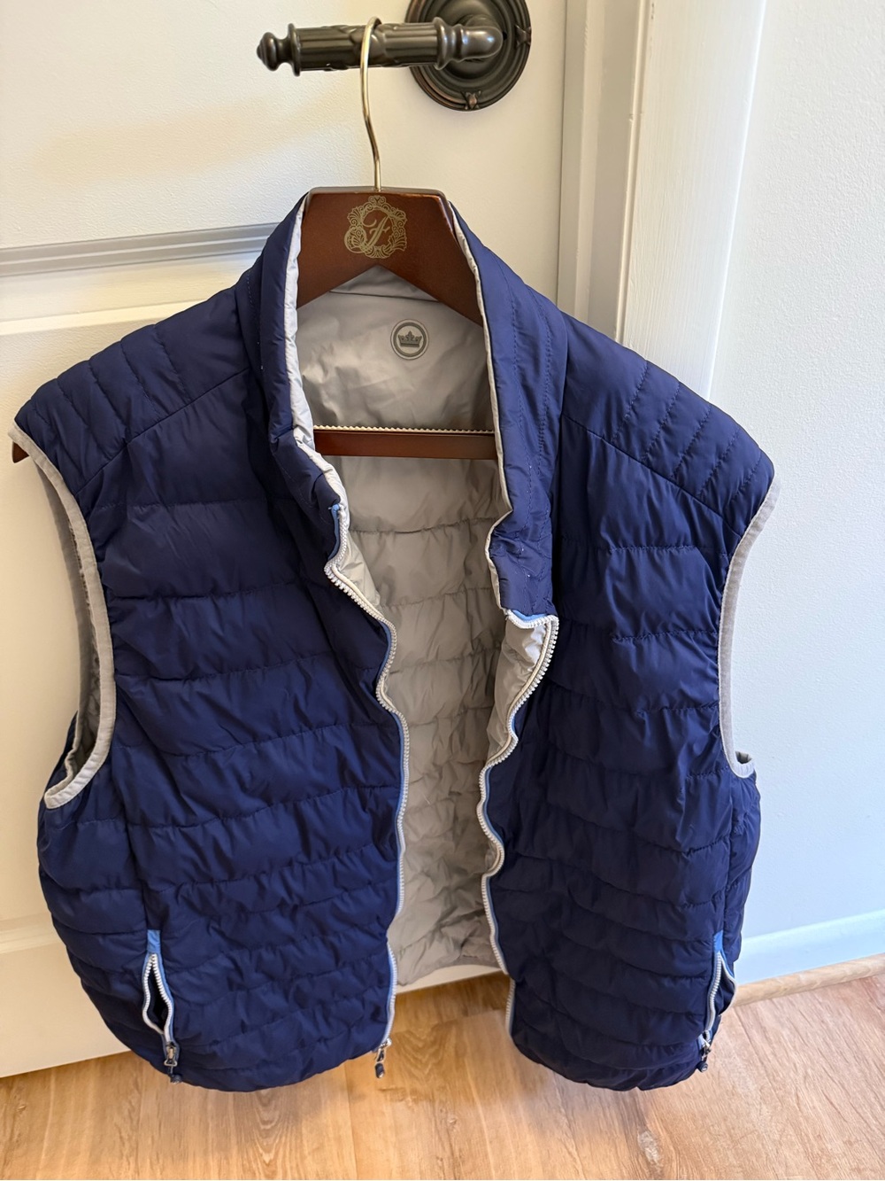 Peter Millar Navy Quilted Packable Vest with Light Gray Trim